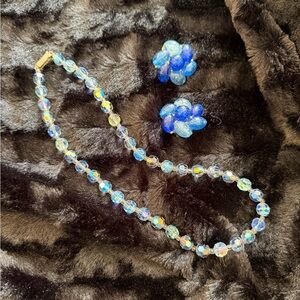 Vintage Blue Aurora Borealis Necklace w/ Vintage Blue Clip Earrings Stunning Set